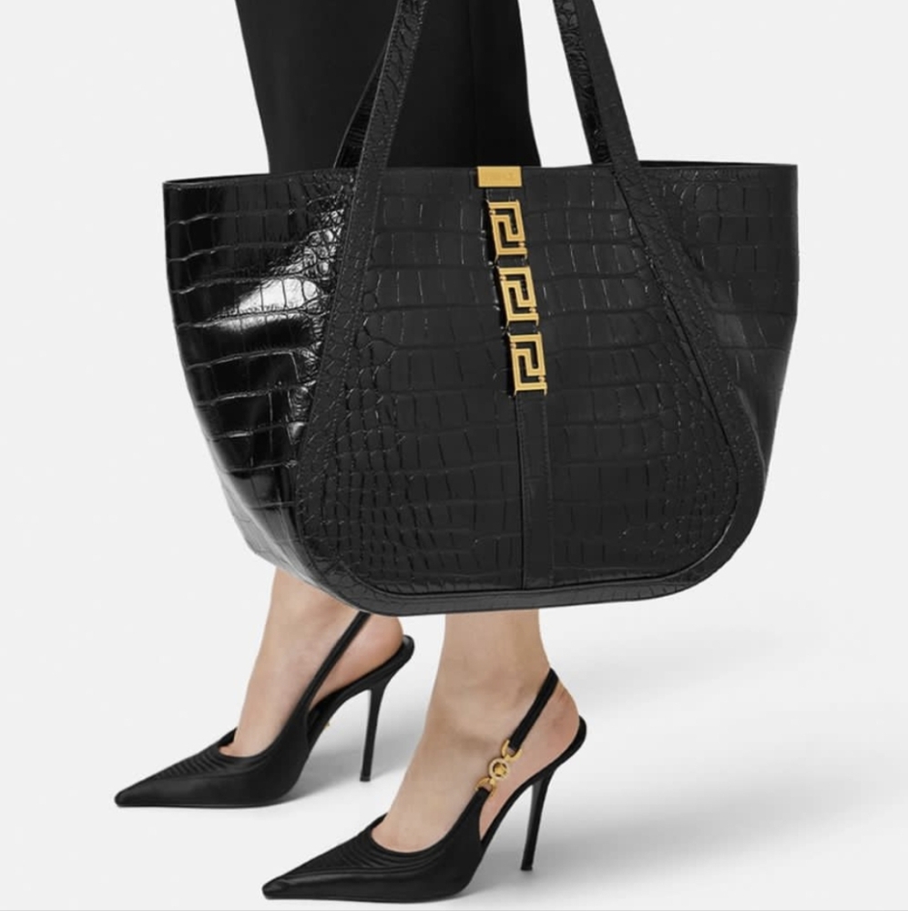 Versace Black Croc-Embossed Tote Bag